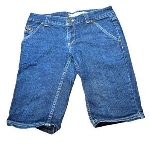 Split Women's Bermuda Jean Shorts Size 7 Blue Dark Wash Stretch Low Rise Pockets